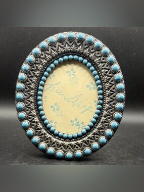 Vintage Turquoise Enamel Silver Tone Metal Oval Photo Frame with Kickback Stand